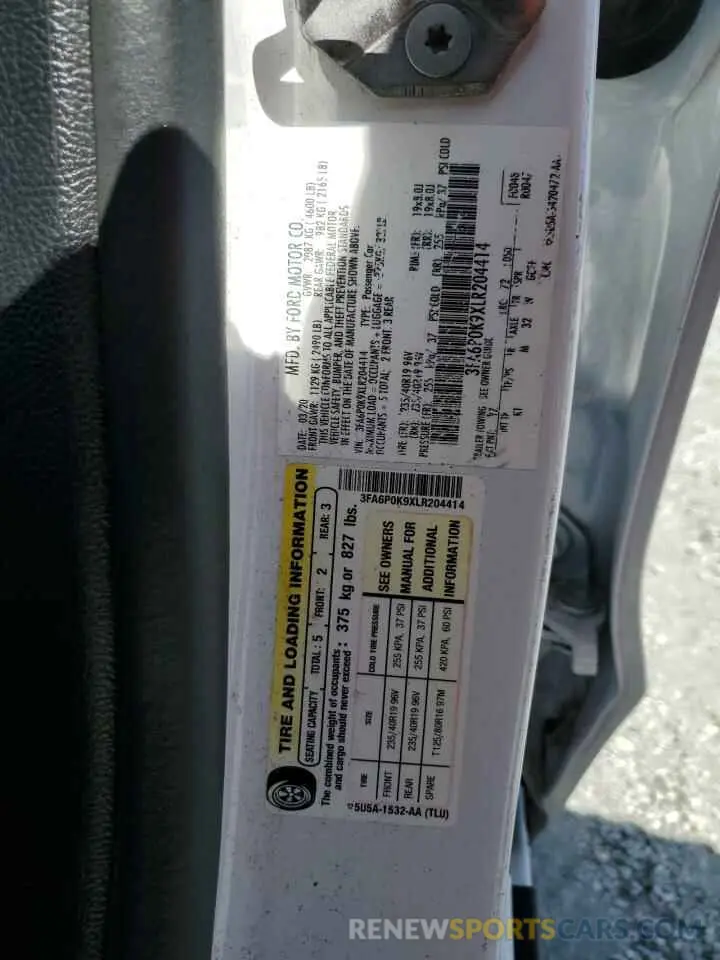 12 fotografías del automóvil dañado 3FA6P0K9XLR204414 FORD FUSION 2020
