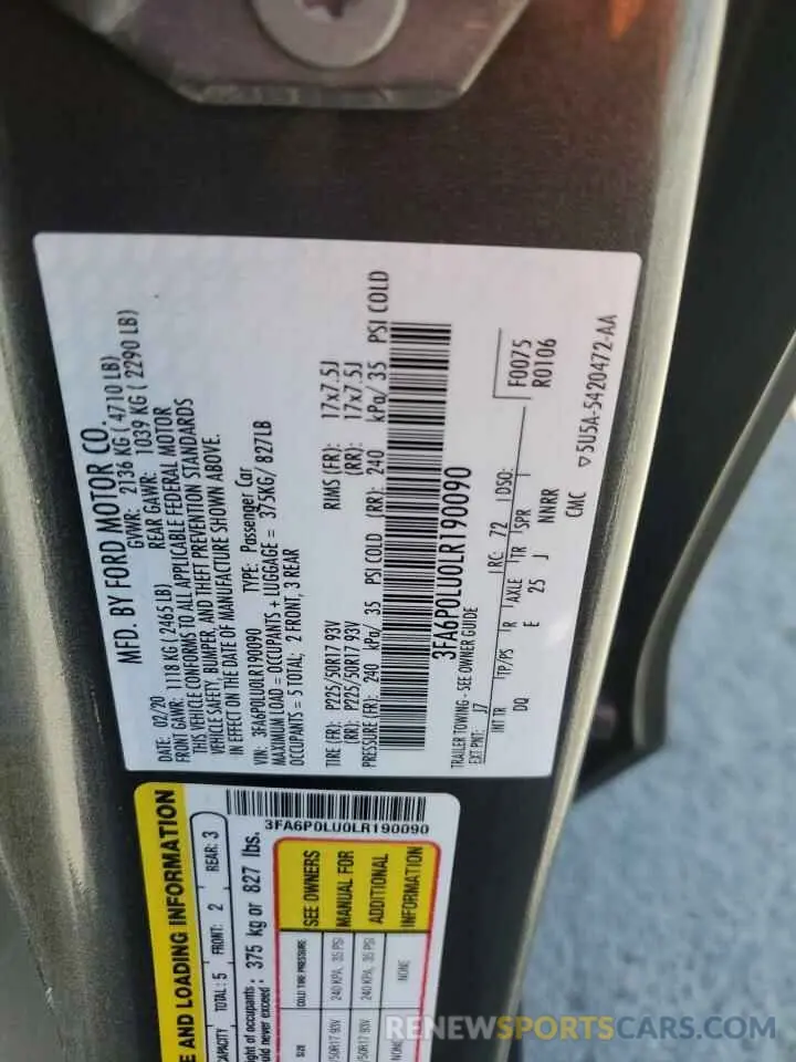 12 fotografías del automóvil dañado 3FA6P0LU0LR190090 FORD FUSION 2020