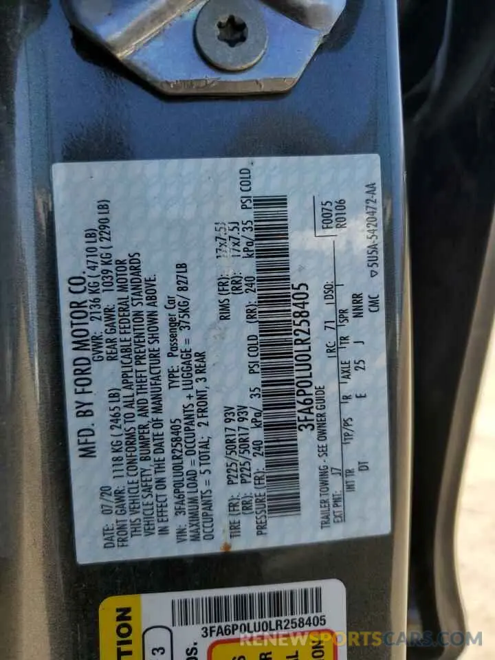 12 fotografías del automóvil dañado 3FA6P0LU0LR258405 FORD FUSION 2020