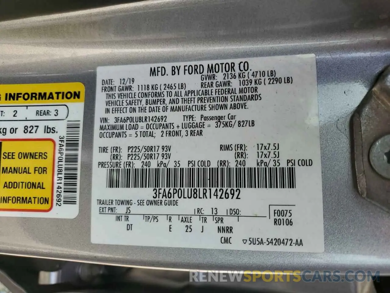 12 fotografías del automóvil dañado 3FA6P0LU8LR142692 FORD FUSION 2020