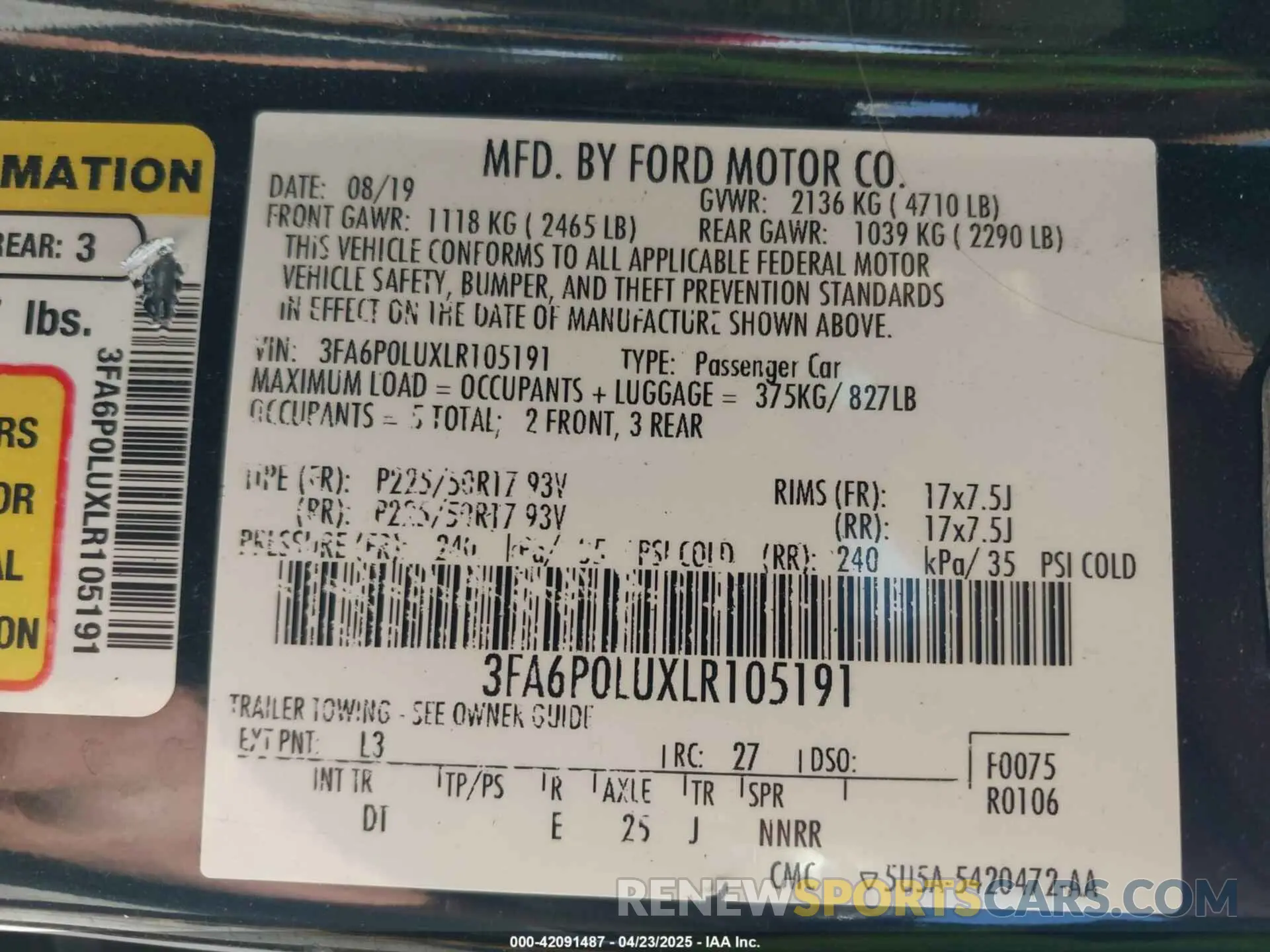 9 fotografías del automóvil dañado 3FA6P0LUXLR105191 FORD FUSION 2020