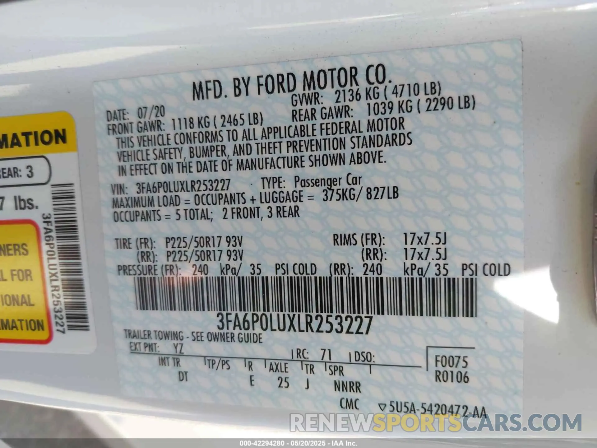 9 fotografías del automóvil dañado 3FA6P0LUXLR253227 FORD FUSION 2020