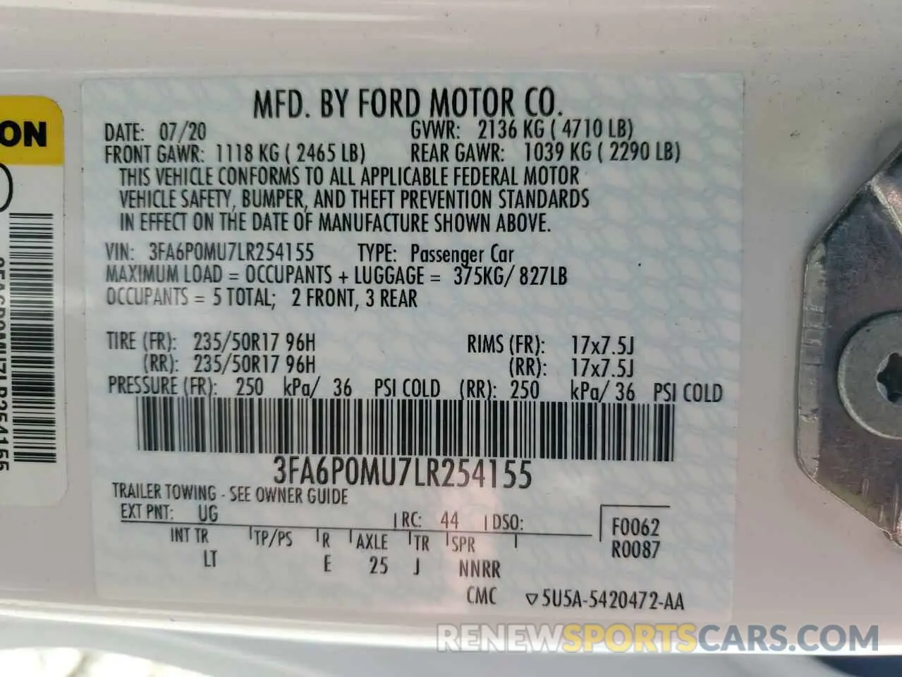 12 fotografías del automóvil dañado 3FA6P0MU7LR254155 FORD FUSION 2020