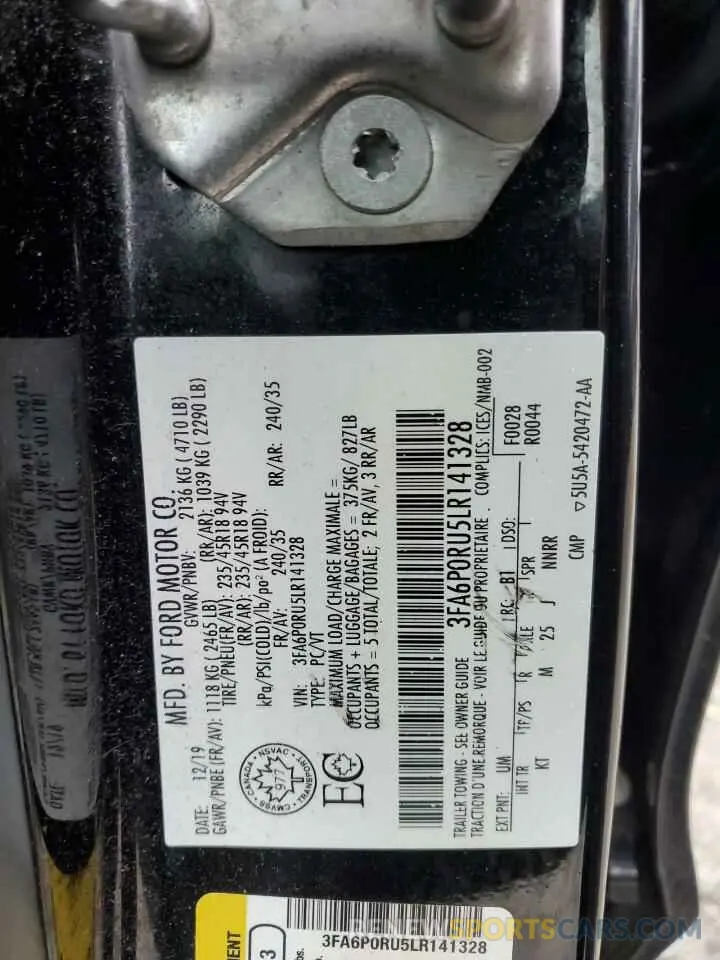 12 fotografías del automóvil dañado 3FA6P0RU5LR141328 FORD FUSION 2020