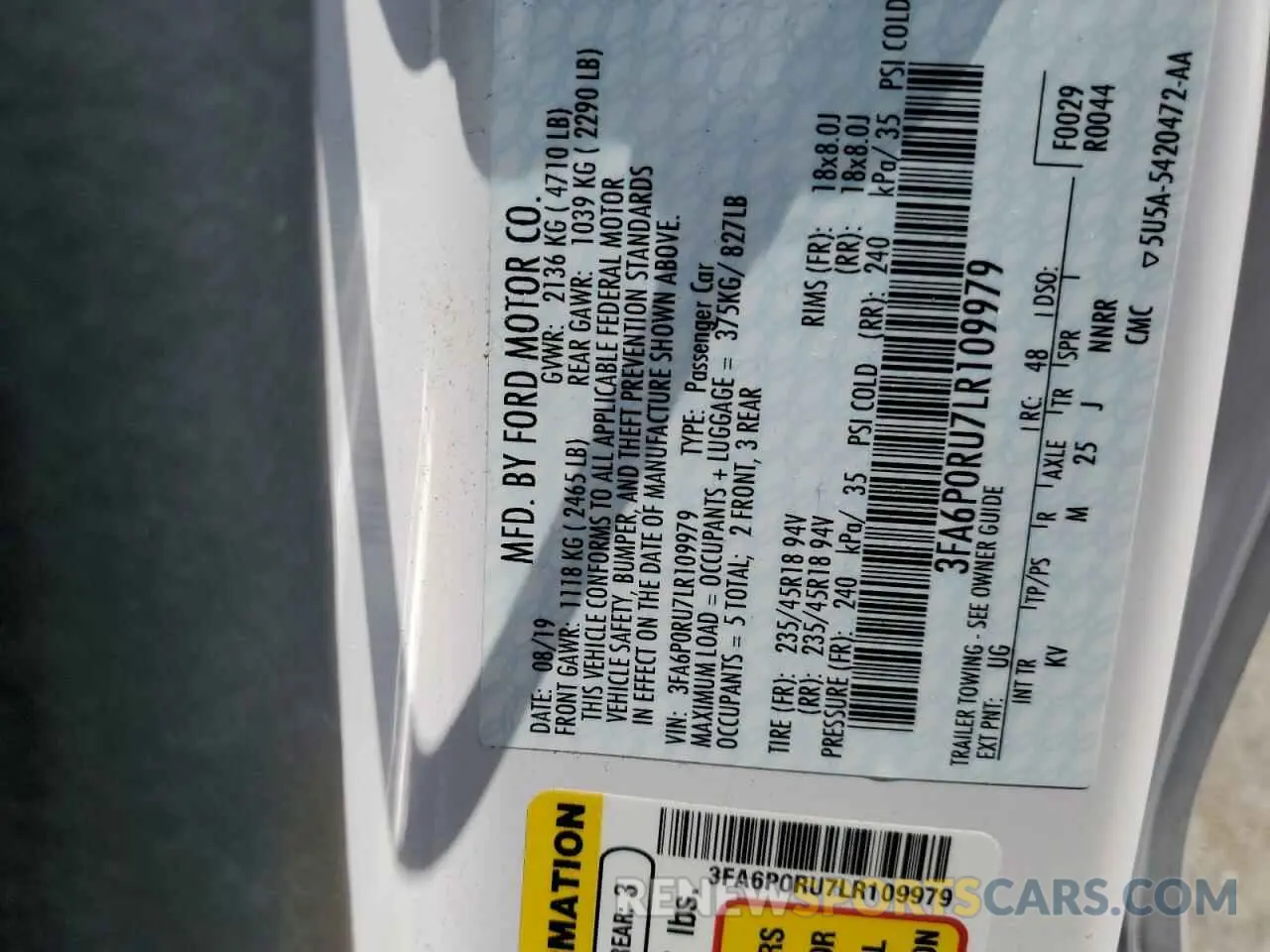 12 fotografías del automóvil dañado 3FA6P0RU7LR109979 FORD FUSION 2020