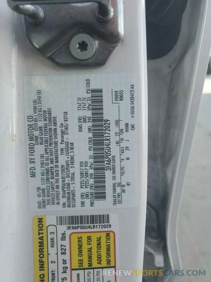 12 fotografías del automóvil dañado 3FA6P0SU4LR172029 FORD FUSION 2020