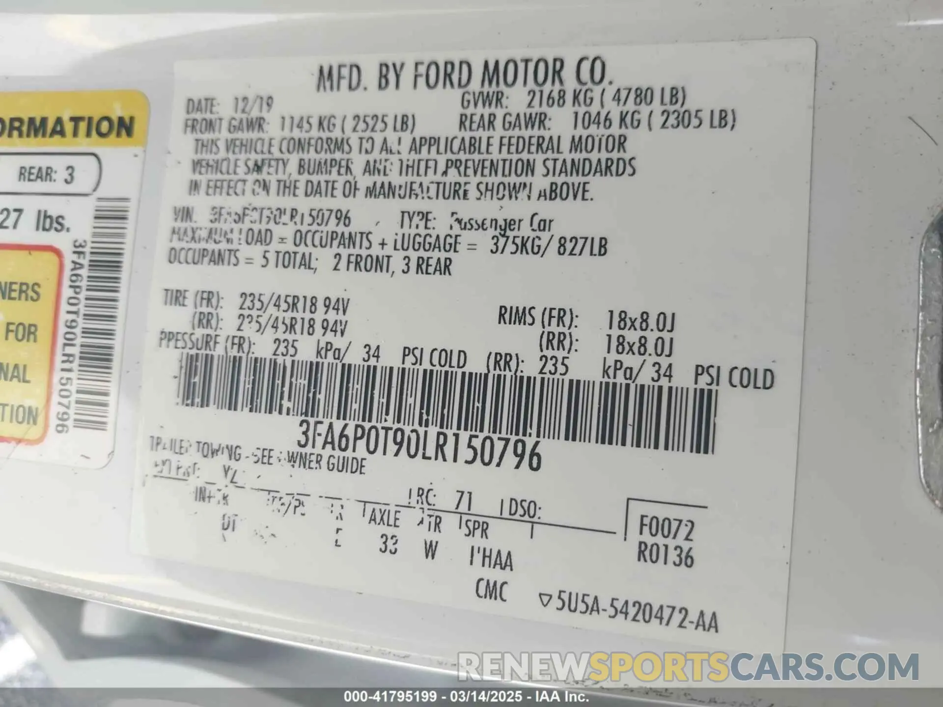 9 fotografías del automóvil dañado 3FA6P0T90LR150796 FORD FUSION 2020