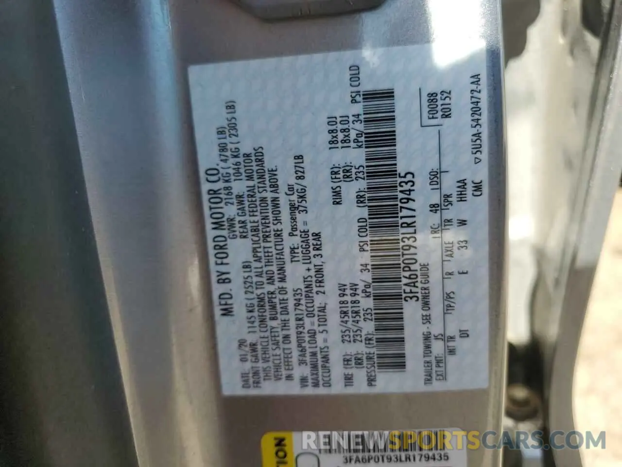 12 fotografías del automóvil dañado 3FA6P0T93LR179435 FORD FUSION 2020