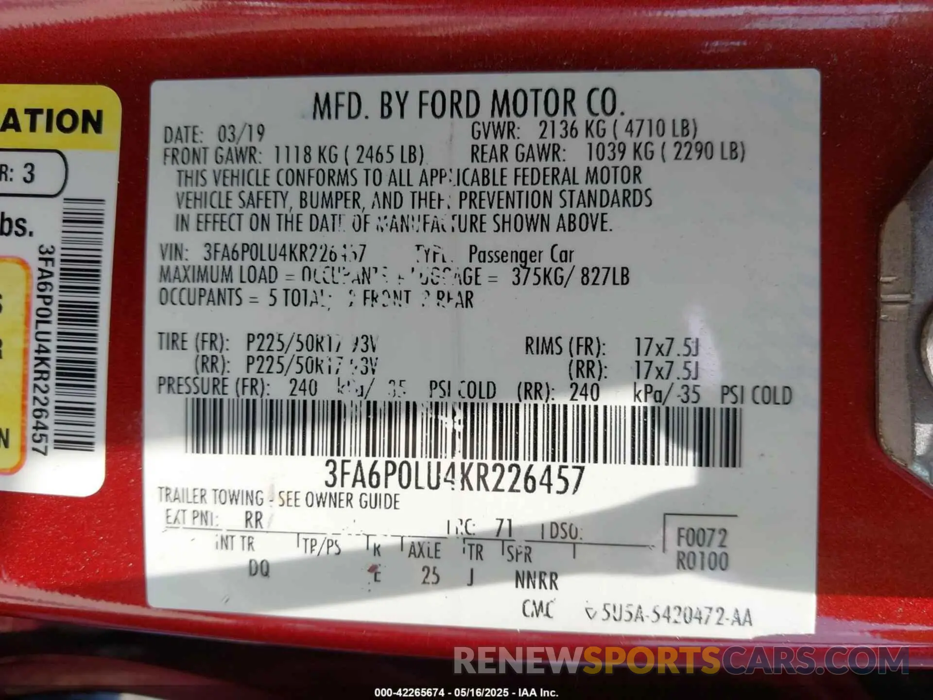 9 fotografías del automóvil dañado 3FA6P0LU4KR226457 FORD FUSION HYBRID 2019