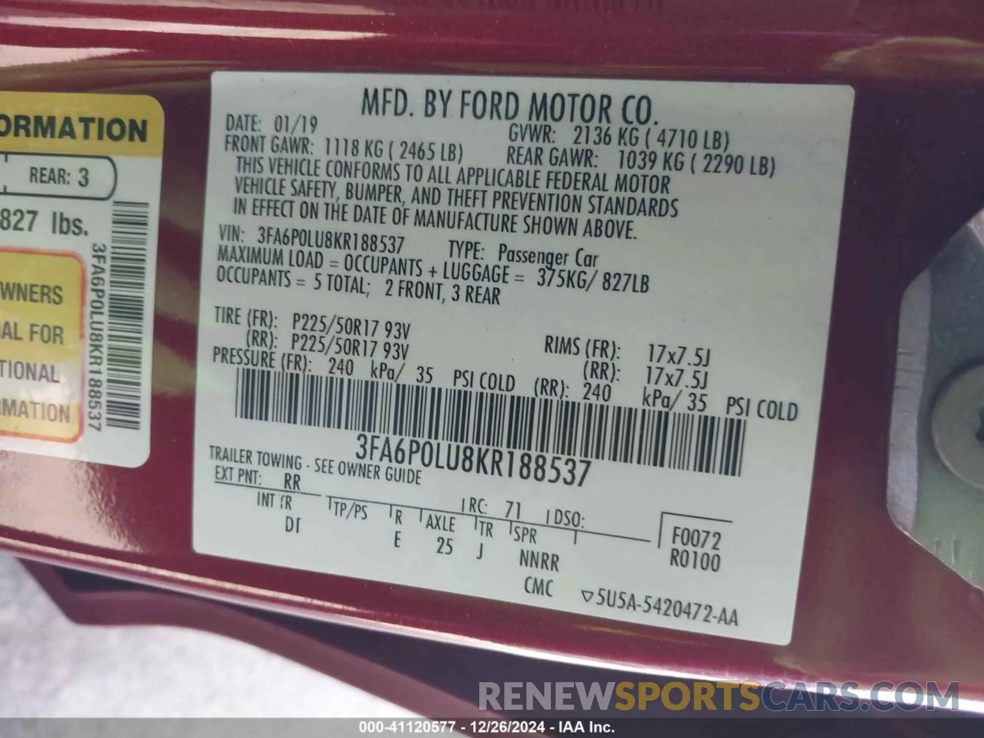 9 fotografías del automóvil dañado 3FA6P0LU8KR188537 FORD FUSION HYBRID 2019