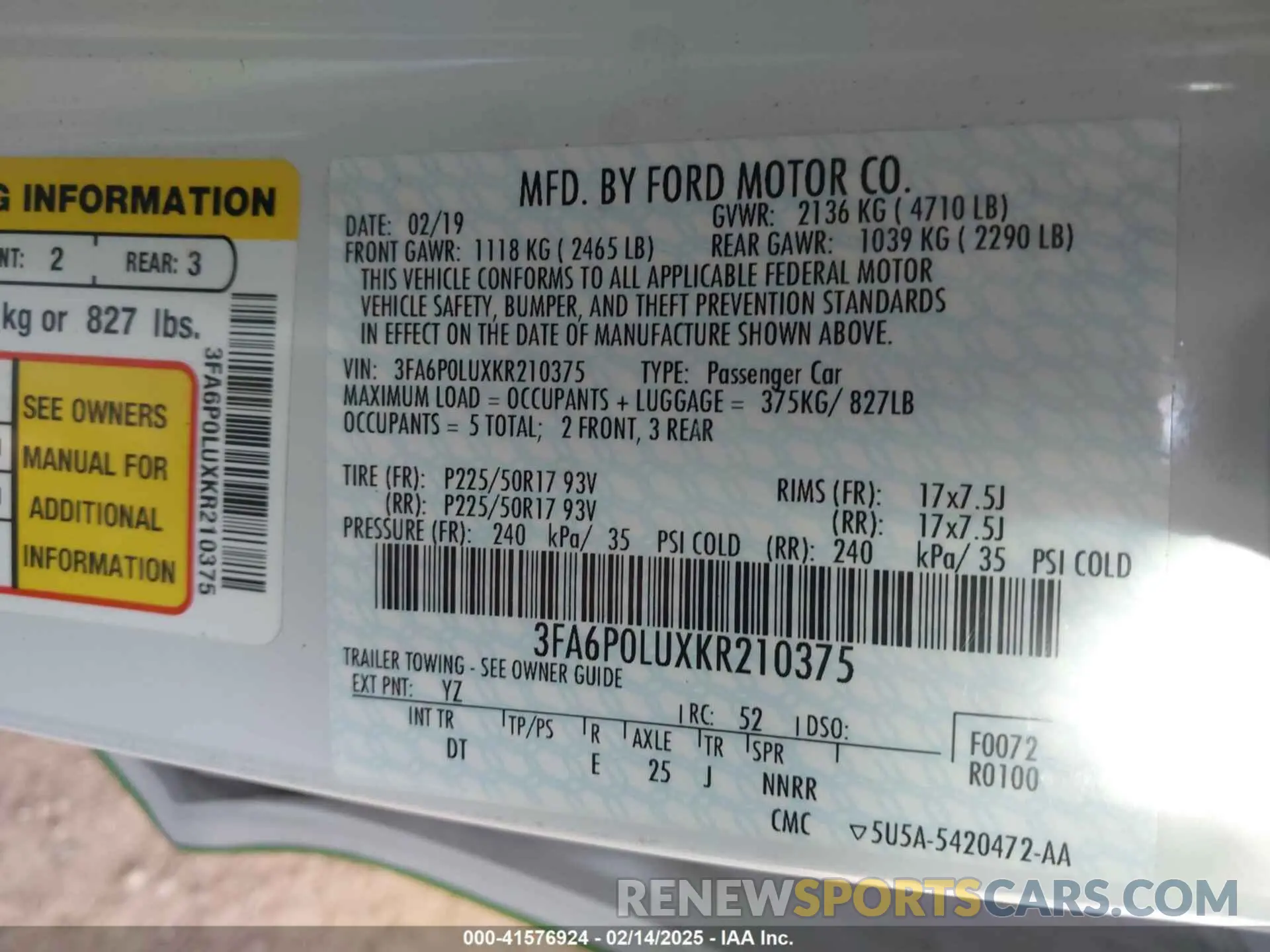9 fotografías del automóvil dañado 3FA6P0LUXKR210375 FORD FUSION HYBRID 2019