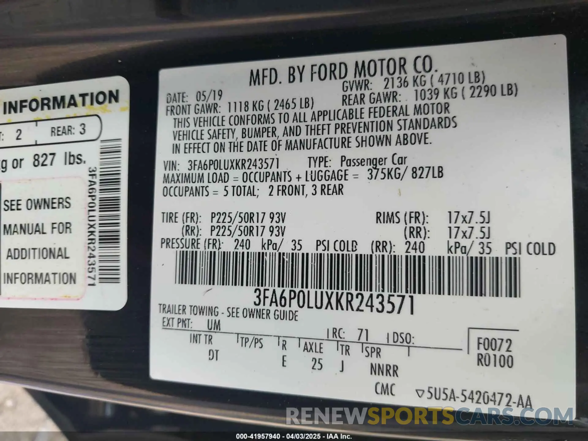 9 fotografías del automóvil dañado 3FA6P0LUXKR243571 FORD FUSION HYBRID 2019