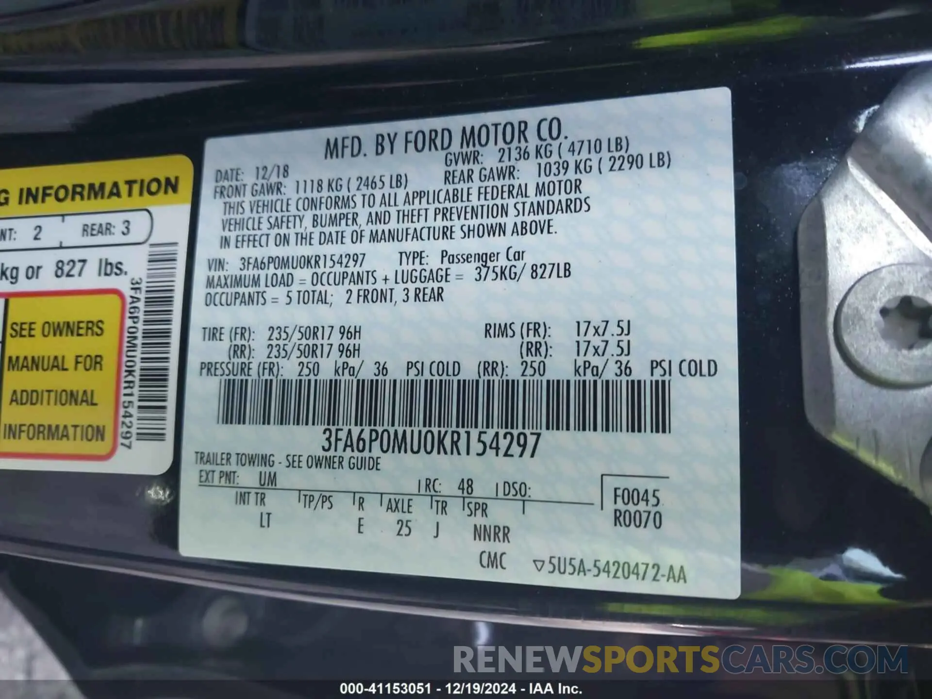 9 fotografías del automóvil dañado 3FA6P0MU0KR154297 FORD FUSION HYBRID 2019