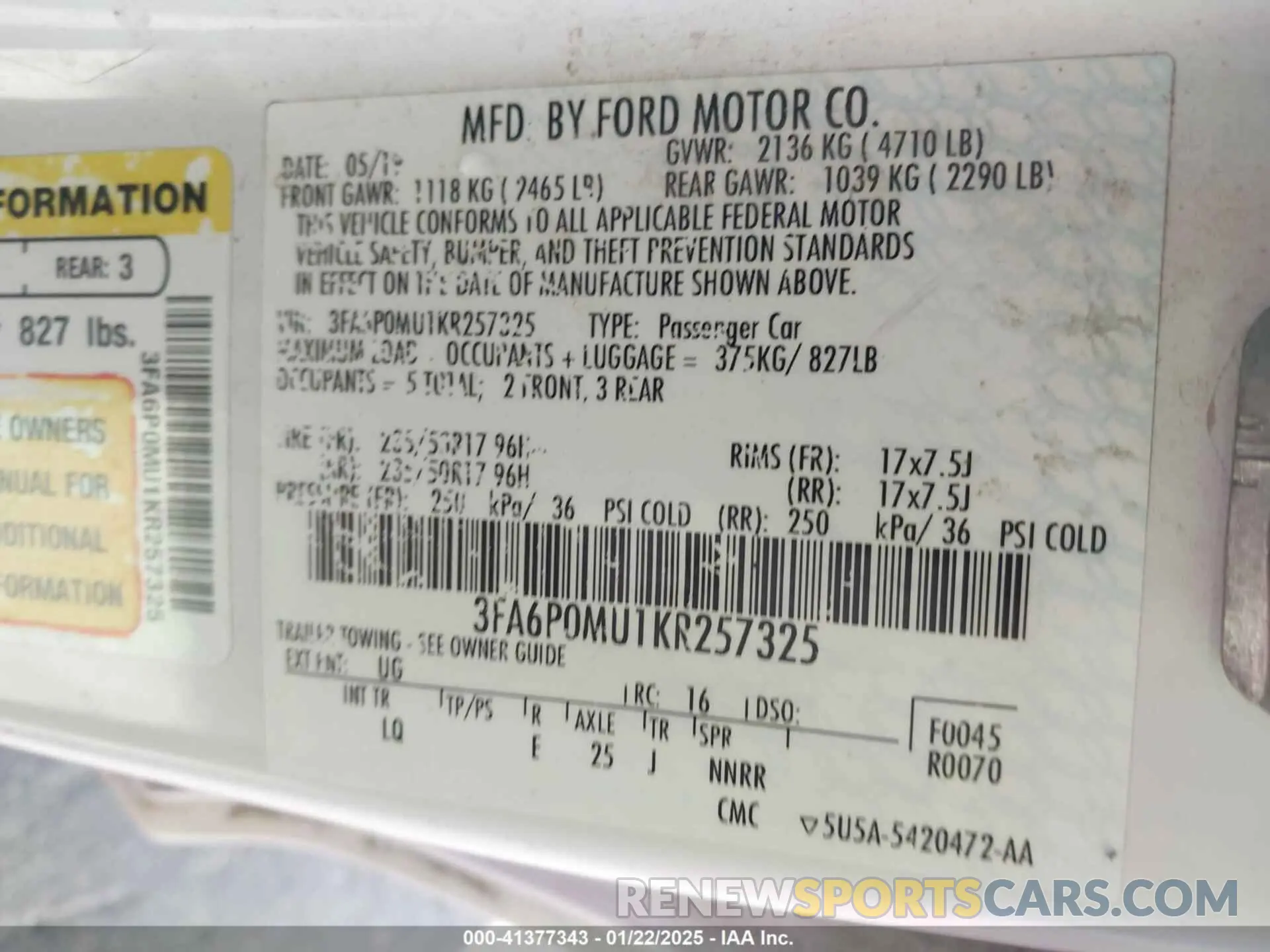 9 fotografías del automóvil dañado 3FA6P0MU1KR257325 FORD FUSION HYBRID 2019
