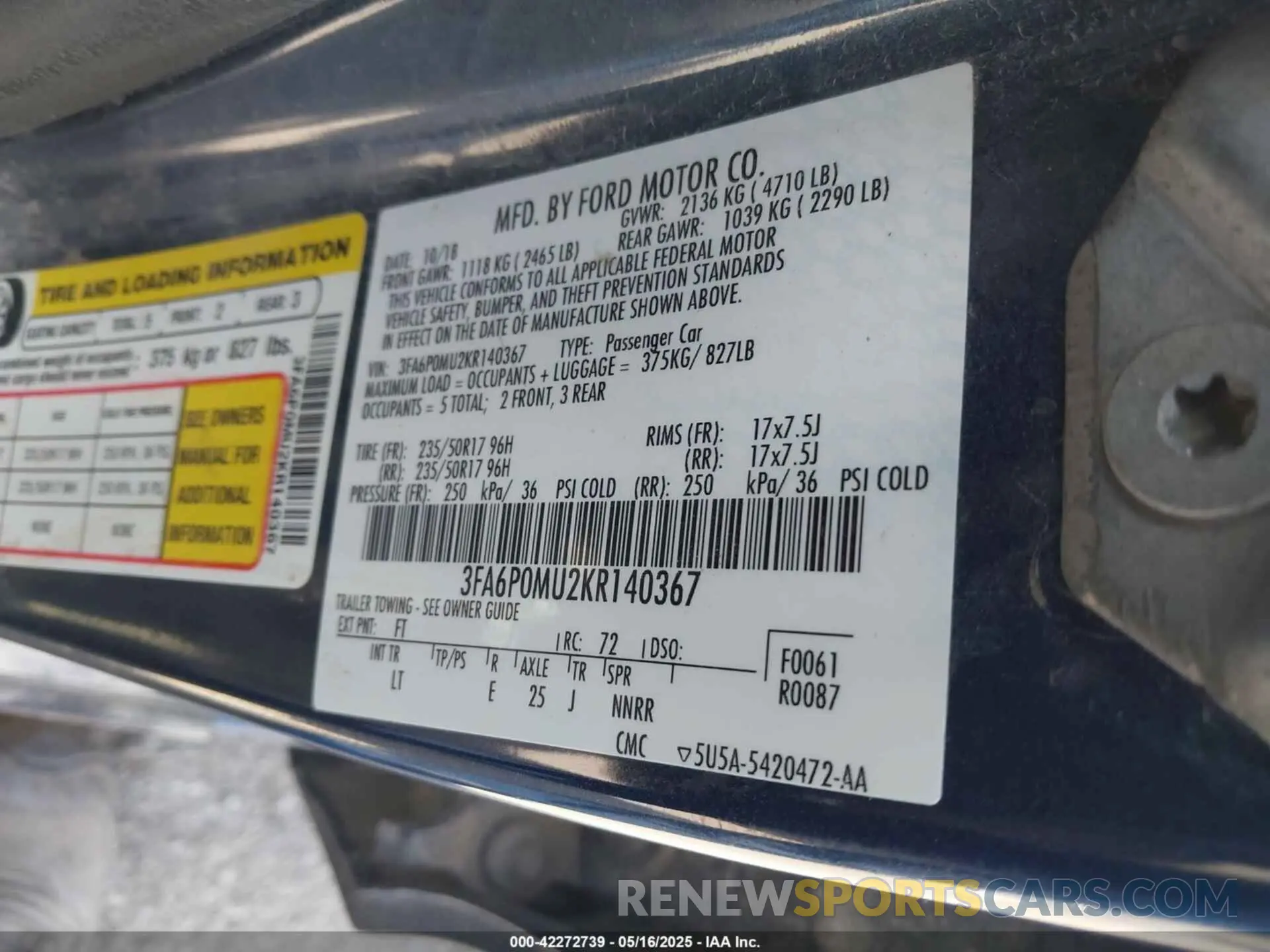 9 fotografías del automóvil dañado 3FA6P0MU2KR140367 FORD FUSION HYBRID 2019