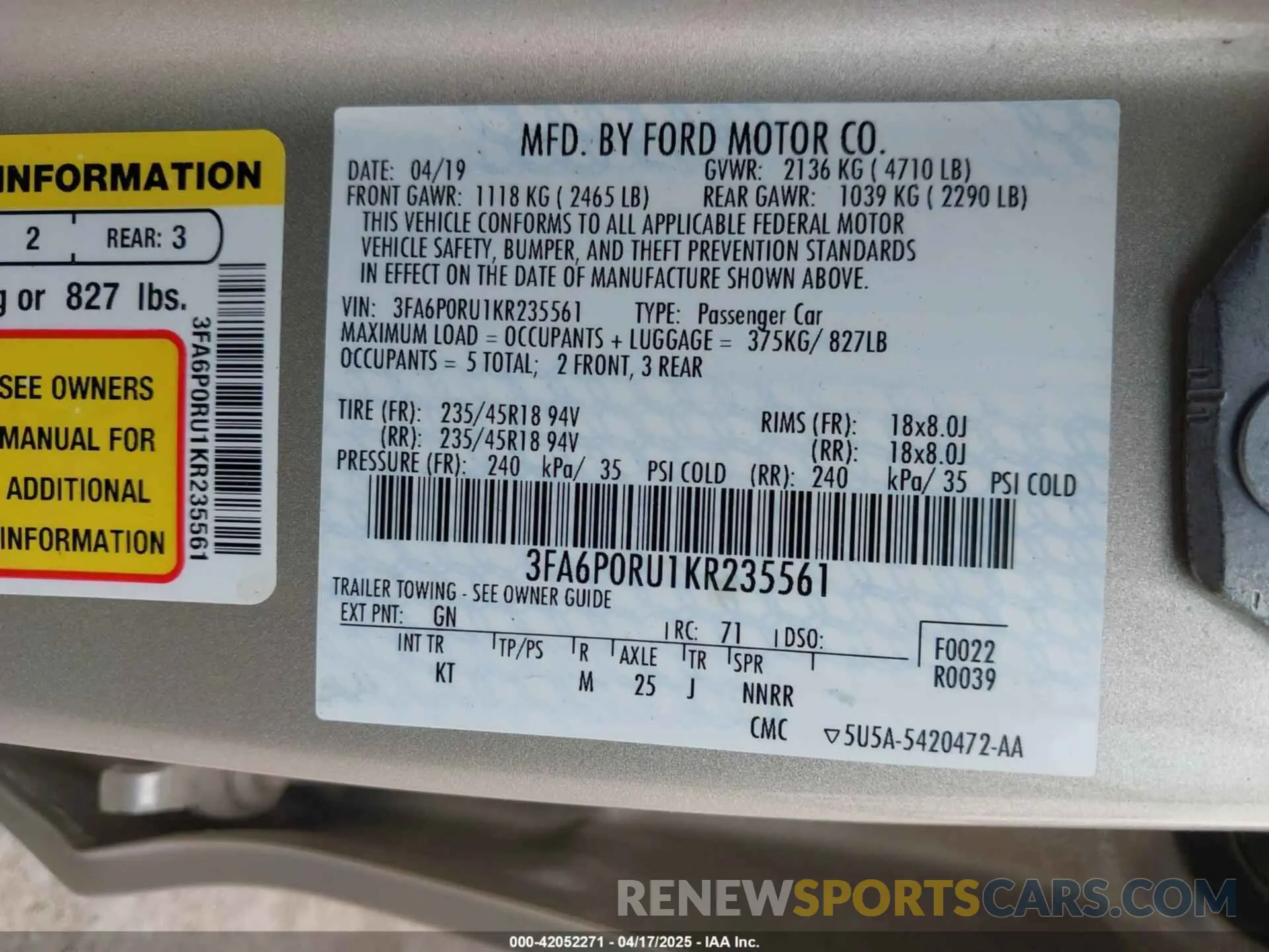 9 fotografías del automóvil dañado 3FA6P0RU1KR235561 FORD FUSION HYBRID 2019