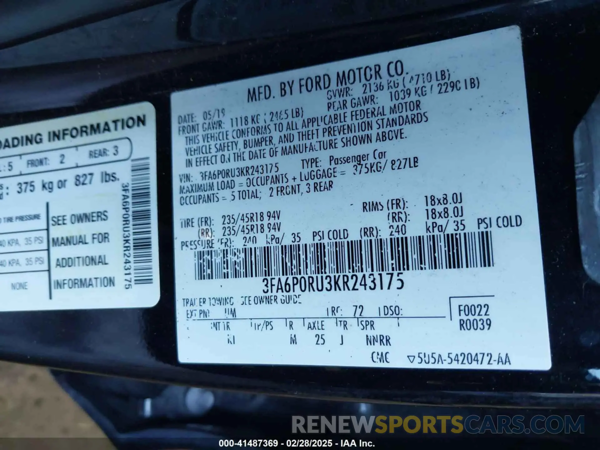 9 fotografías del automóvil dañado 3FA6P0RU3KR243175 FORD FUSION HYBRID 2019