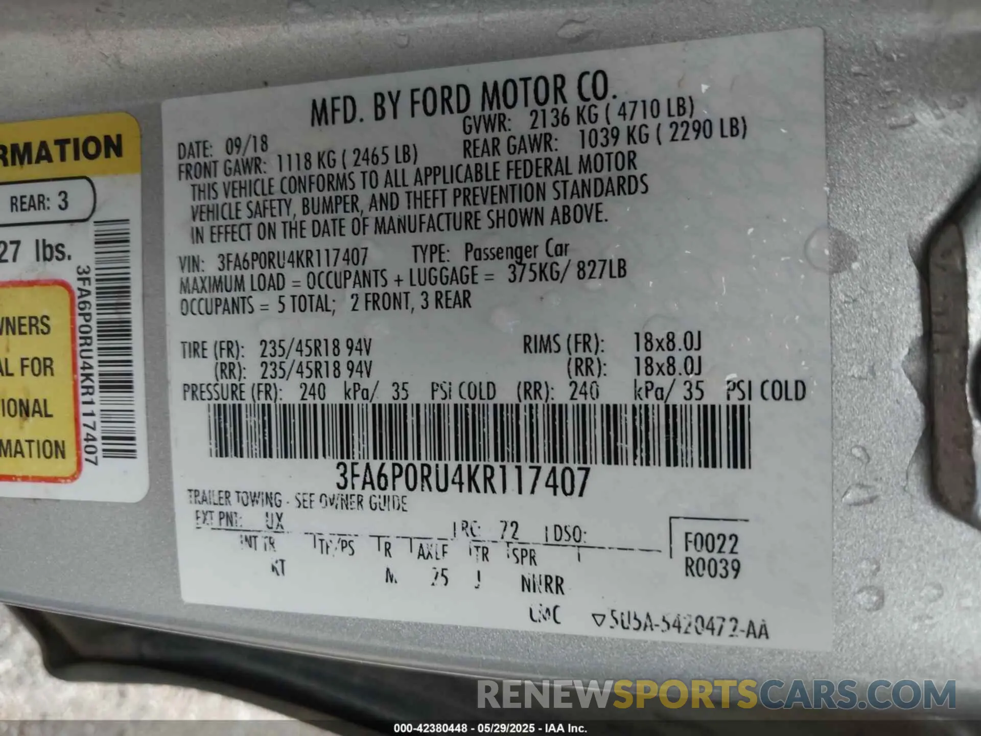 9 fotografías del automóvil dañado 3FA6P0RU4KR117407 FORD FUSION HYBRID 2019