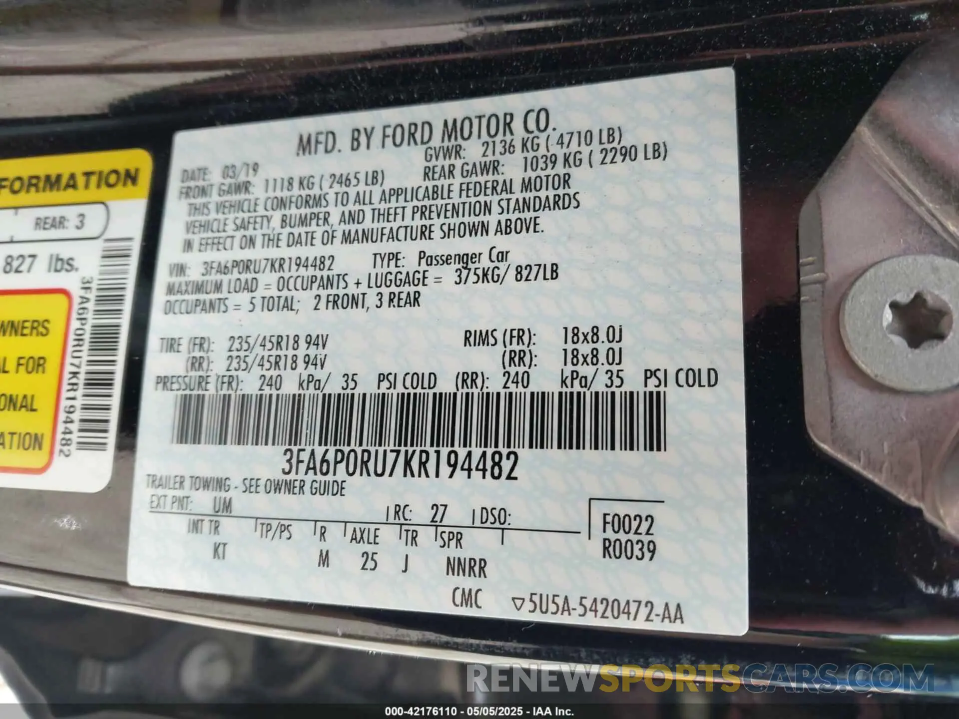 9 fotografías del automóvil dañado 3FA6P0RU7KR194482 FORD FUSION HYBRID 2019