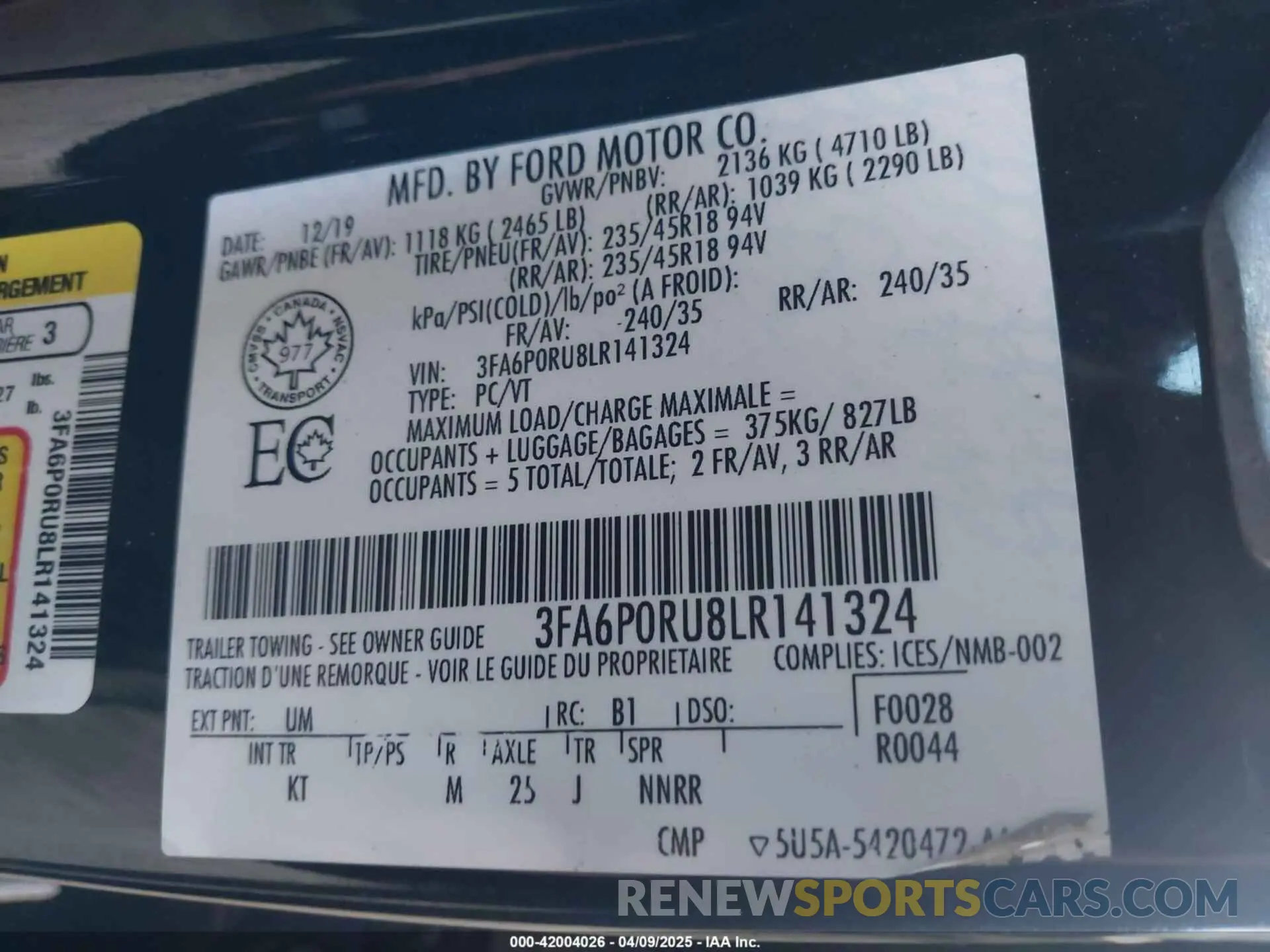 9 fotografías del automóvil dañado 3FA6P0RU8LR141324 FORD FUSION HYBRID 2020