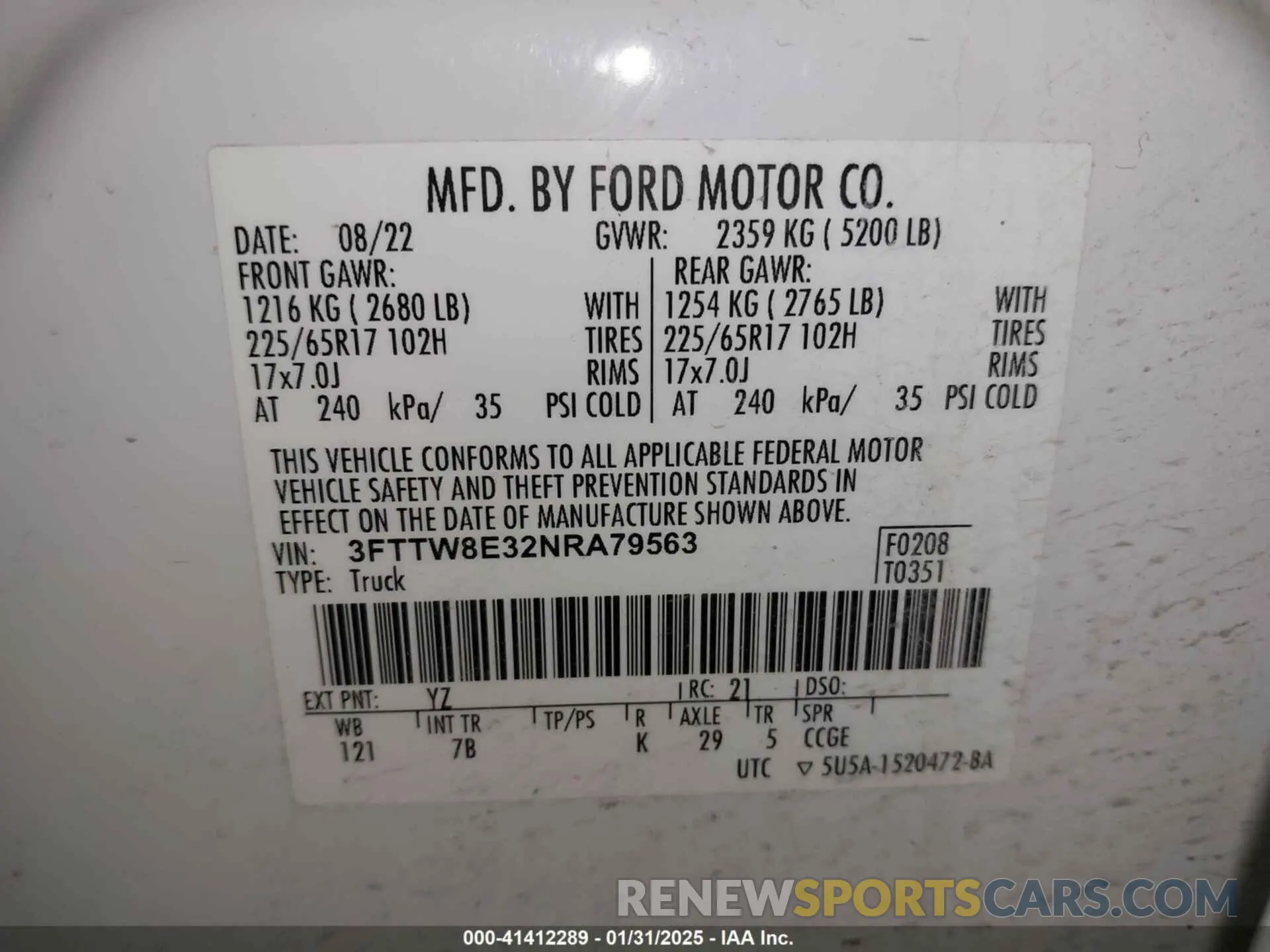 9 fotografías del automóvil dañado 3FTTW8E32NRA79563 FORD MAVERICK 2022