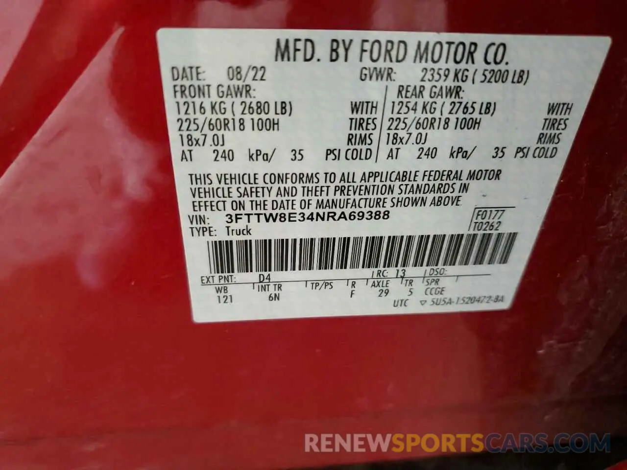12 fotografías del automóvil dañado 3FTTW8E34NRA69388 FORD MAVERICK 2022