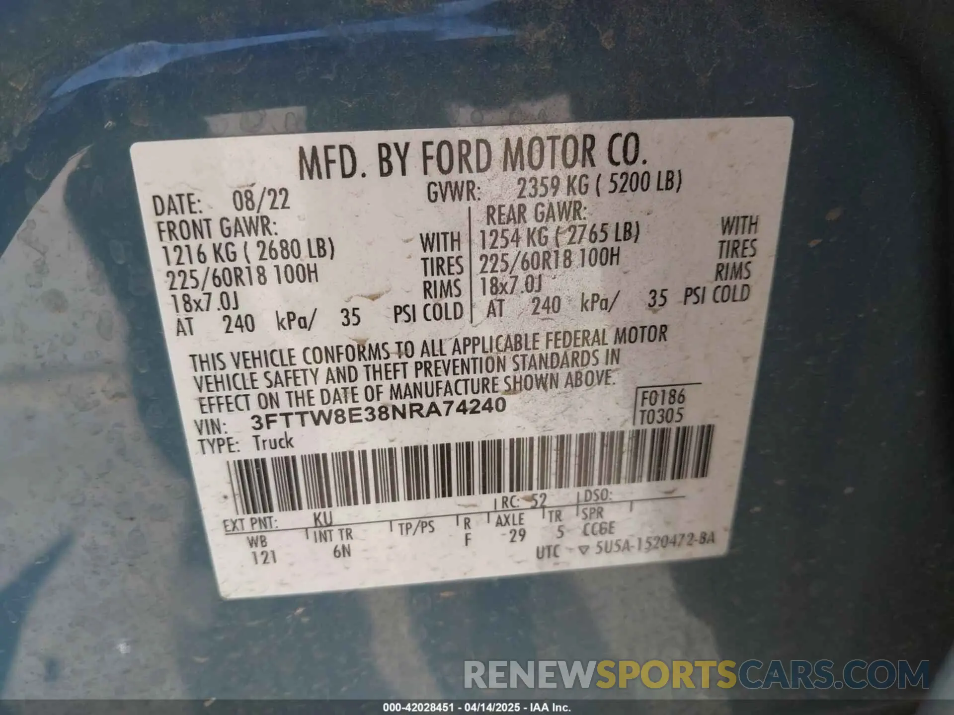 9 fotografías del automóvil dañado 3FTTW8E38NRA74240 FORD MAVERICK 2022