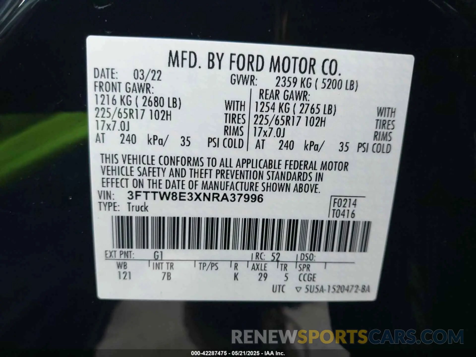 9 fotografías del automóvil dañado 3FTTW8E3XNRA37996 FORD MAVERICK 2022