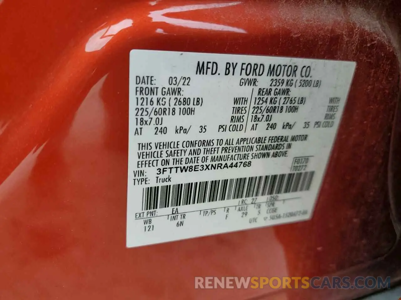 15 fotografías del automóvil dañado 3FTTW8E3XNRA44768 FORD MAVERICK 2022