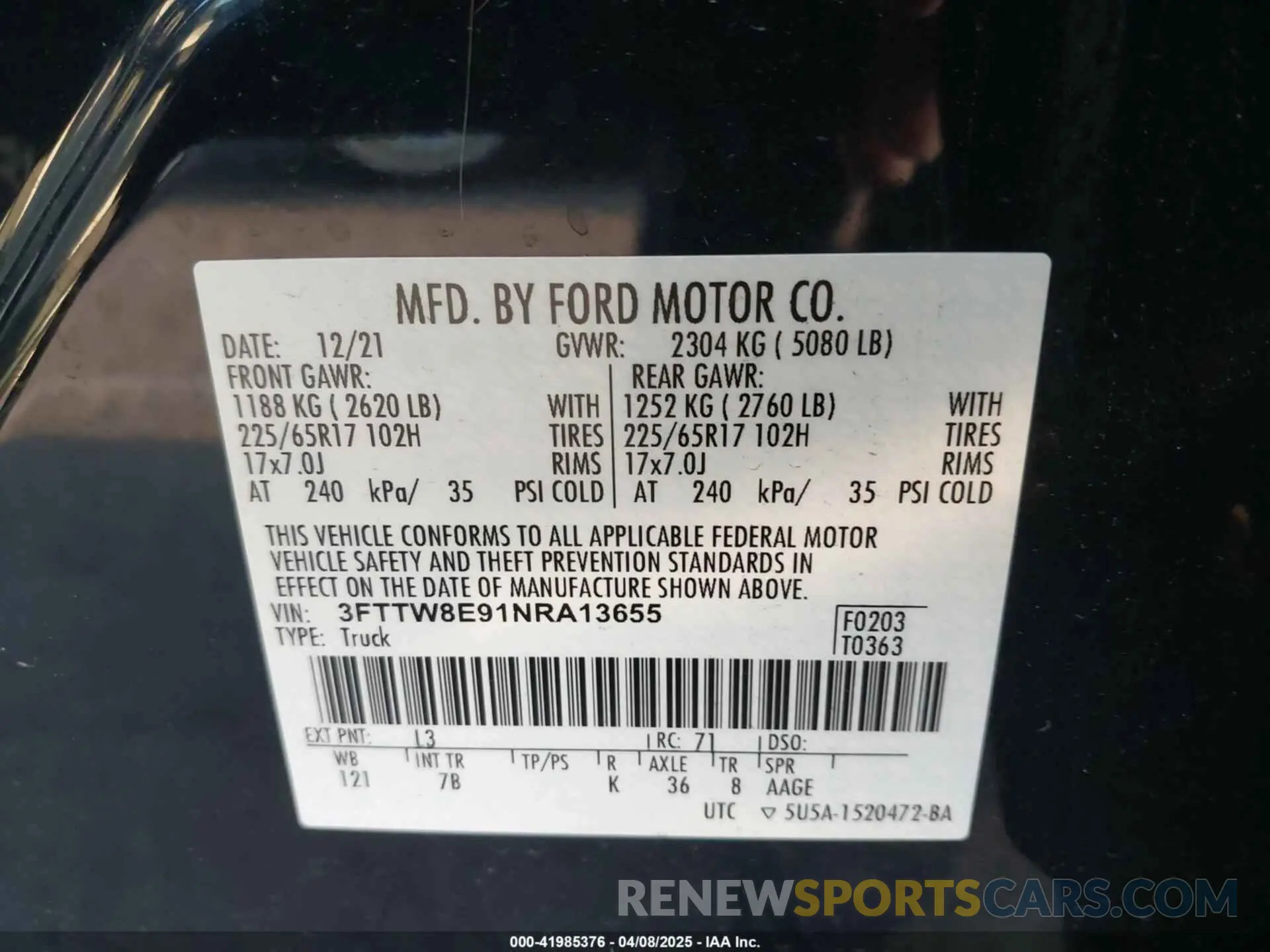 9 fotografías del automóvil dañado 3FTTW8E91NRA13655 FORD MAVERICK 2022
