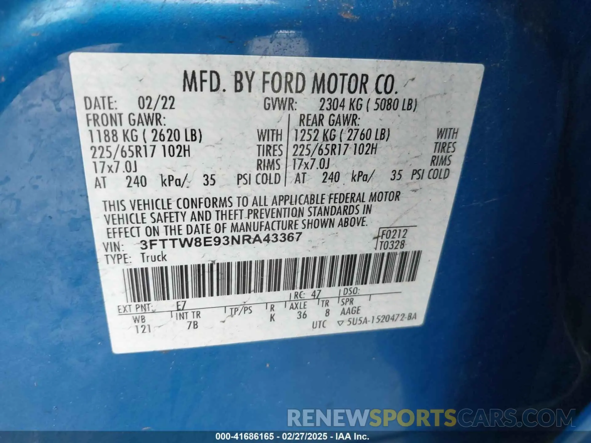 9 fotografías del automóvil dañado 3FTTW8E93NRA43367 FORD MAVERICK 2022