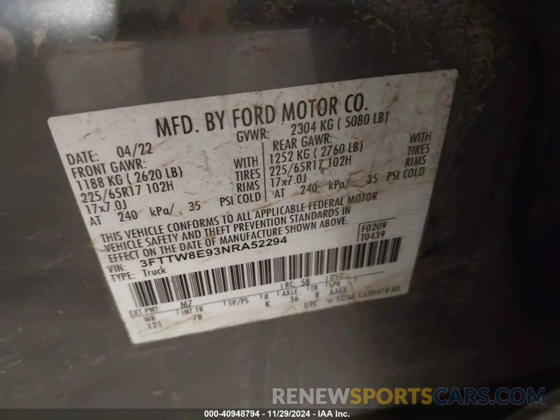 9 fotografías del automóvil dañado 3FTTW8E93NRA52294 FORD MAVERICK 2022