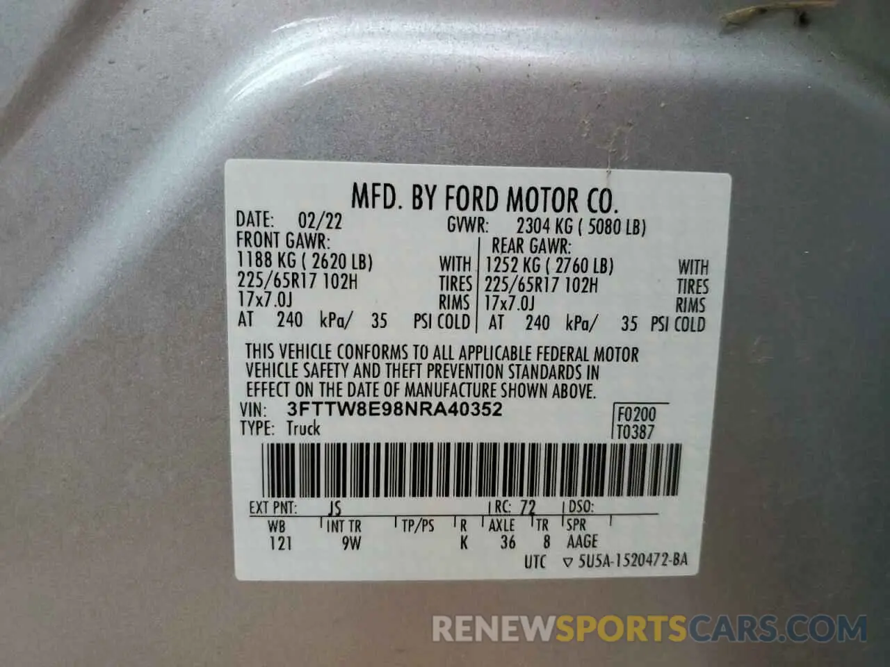 12 fotografías del automóvil dañado 3FTTW8E98NRA40352 FORD MAVERICK 2022