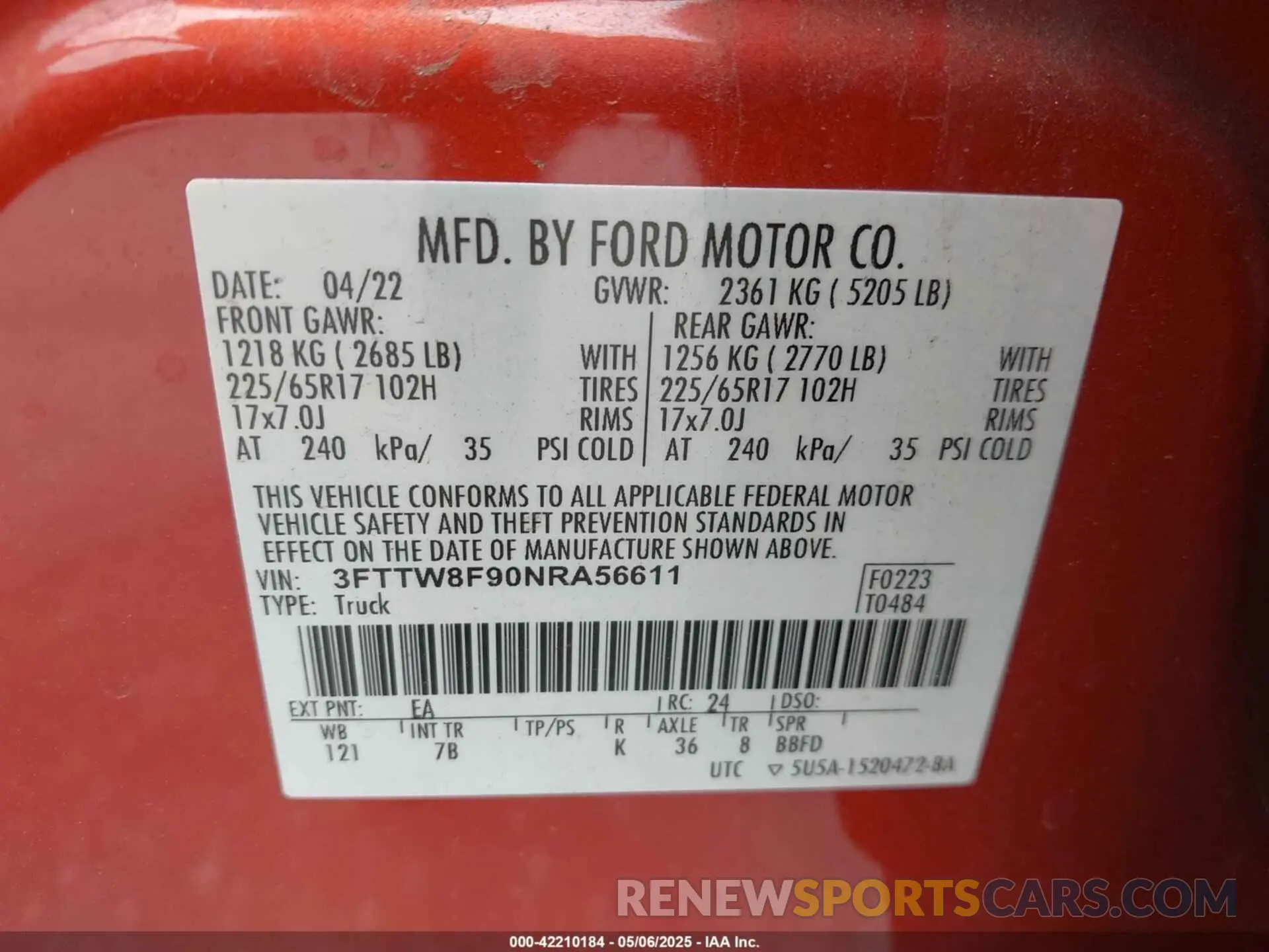 9 fotografías del automóvil dañado 3FTTW8F90NRA56611 FORD MAVERICK 2022