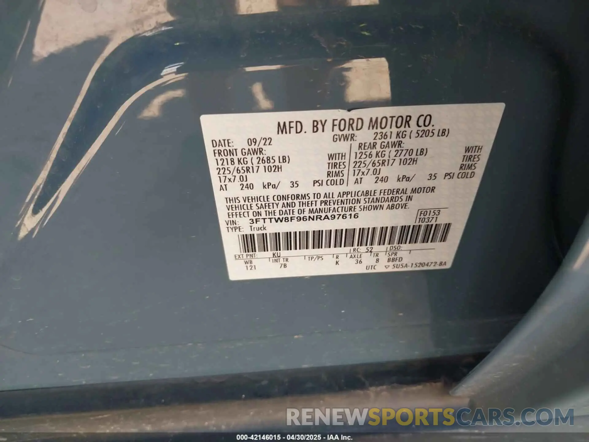 9 fotografías del automóvil dañado 3FTTW8F96NRA97616 FORD MAVERICK 2022