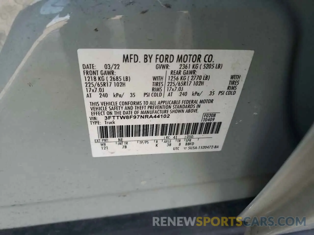 12 fotografías del automóvil dañado 3FTTW8F97NRA44102 FORD MAVERICK 2022