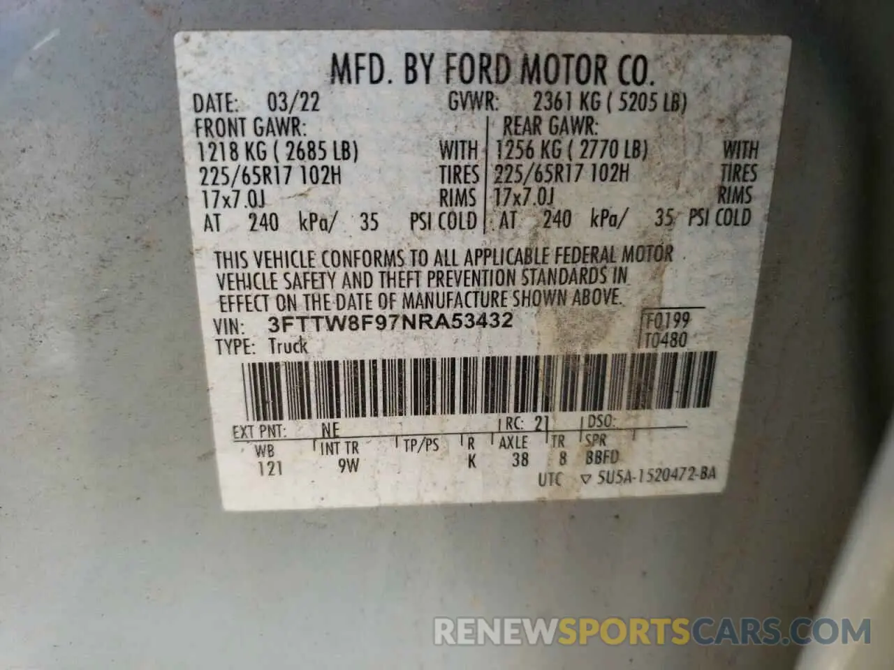 12 fotografías del automóvil dañado 3FTTW8F97NRA53432 FORD MAVERICK 2022