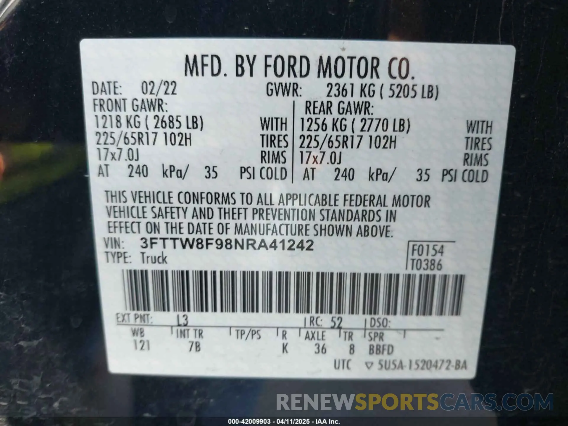 9 fotografías del automóvil dañado 3FTTW8F98NRA41242 FORD MAVERICK 2022