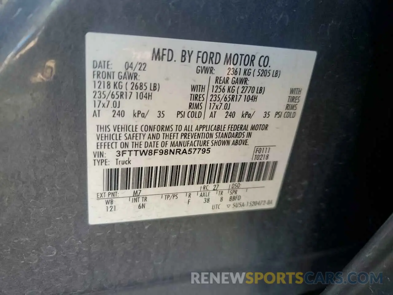 12 fotografías del automóvil dañado 3FTTW8F98NRA57795 FORD MAVERICK 2022