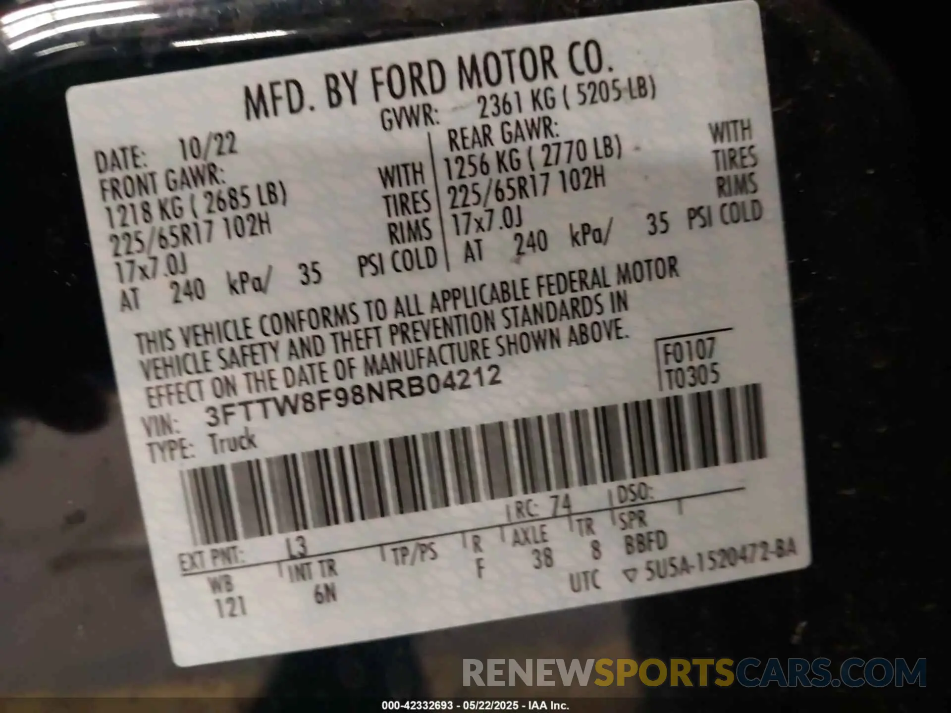 9 fotografías del automóvil dañado 3FTTW8F98NRB04212 FORD MAVERICK 2022