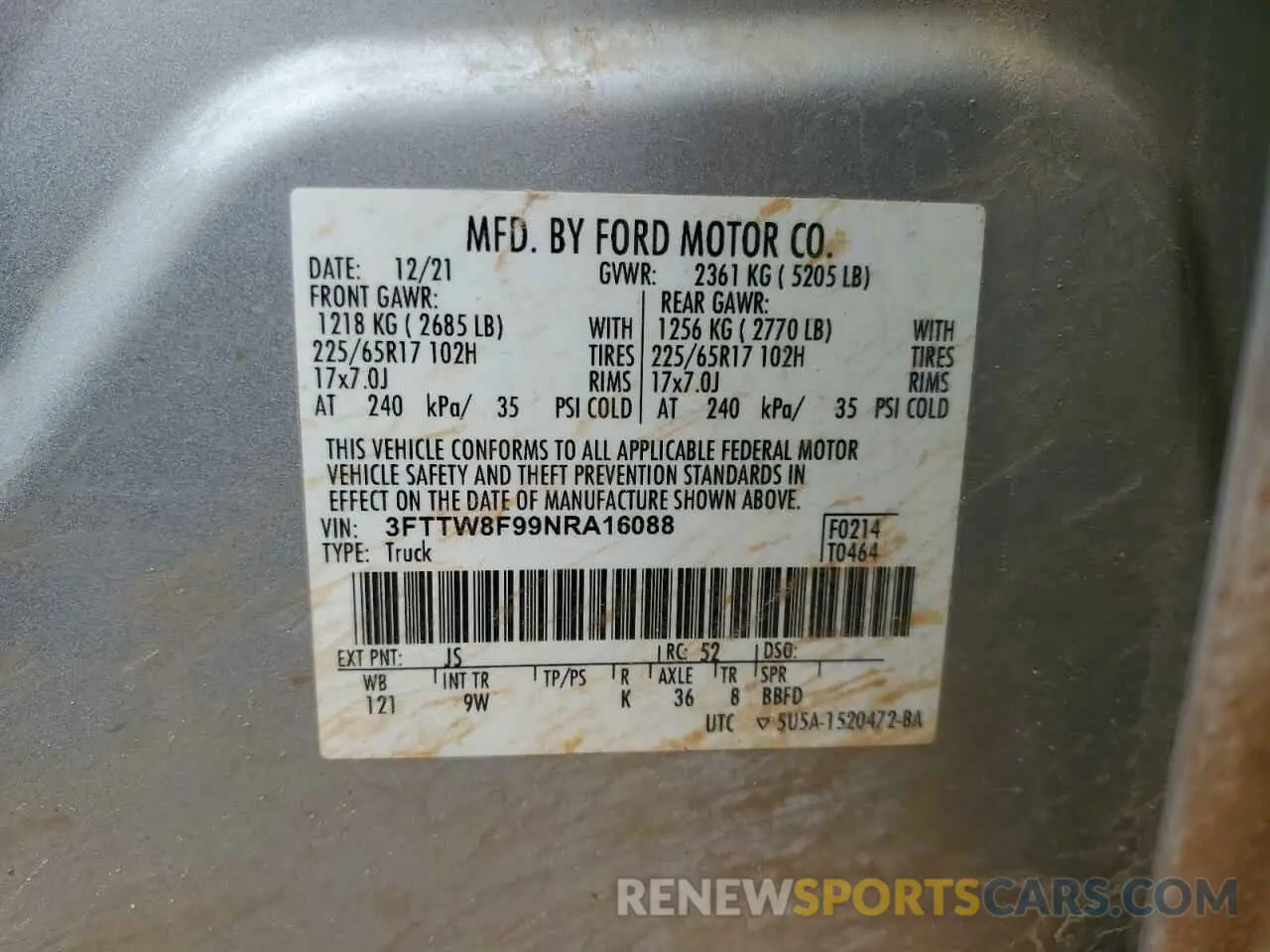 12 fotografías del automóvil dañado 3FTTW8F99NRA16088 FORD MAVERICK 2022