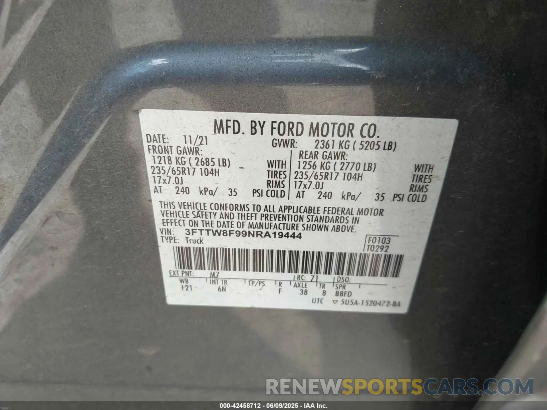 9 fotografías del automóvil dañado 3FTTW8F99NRA19444 FORD MAVERICK 2022