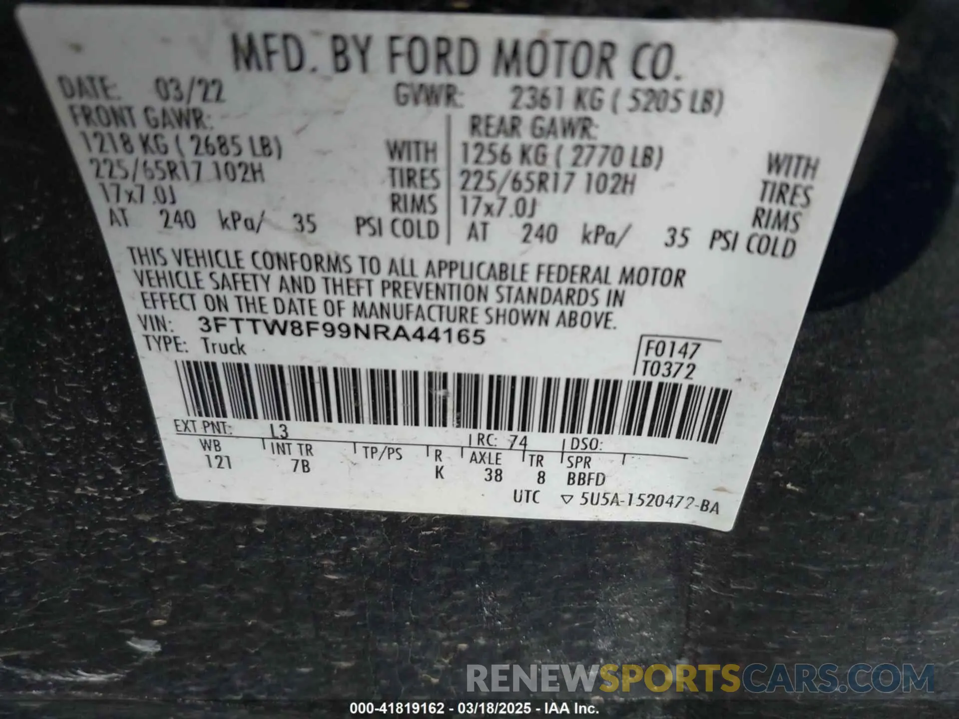 9 fotografías del automóvil dañado 3FTTW8F99NRA44165 FORD MAVERICK 2022