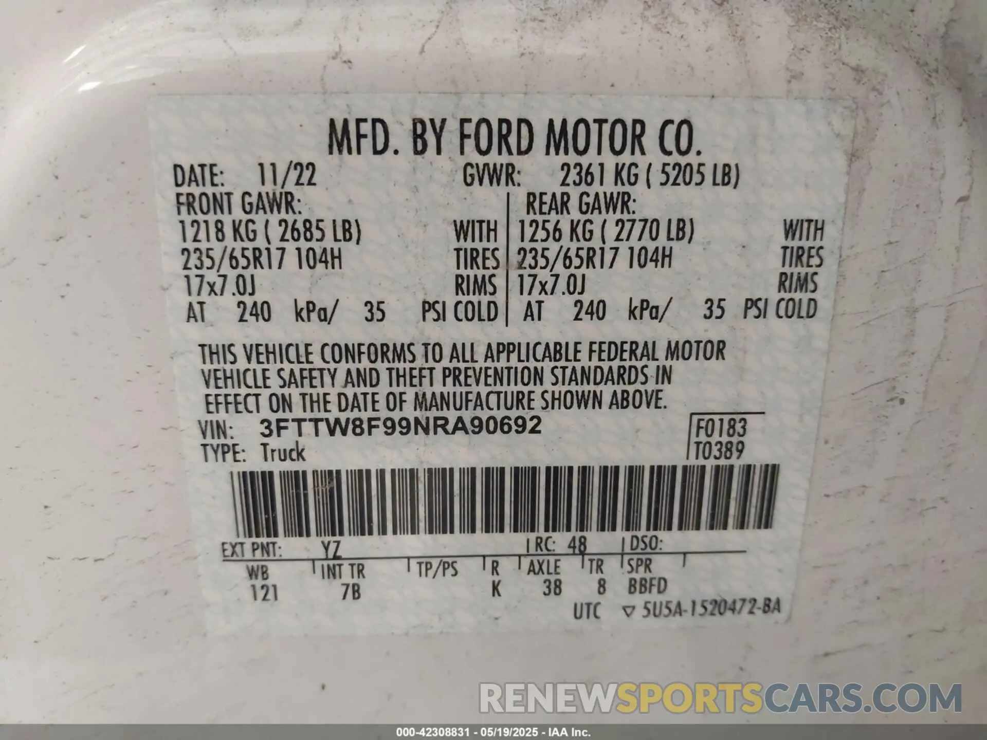 9 fotografías del automóvil dañado 3FTTW8F99NRA90692 FORD MAVERICK 2022