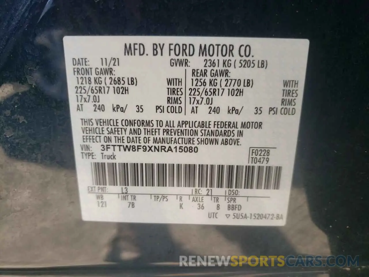 12 fotografías del automóvil dañado 3FTTW8F9XNRA15080 FORD MAVERICK 2022