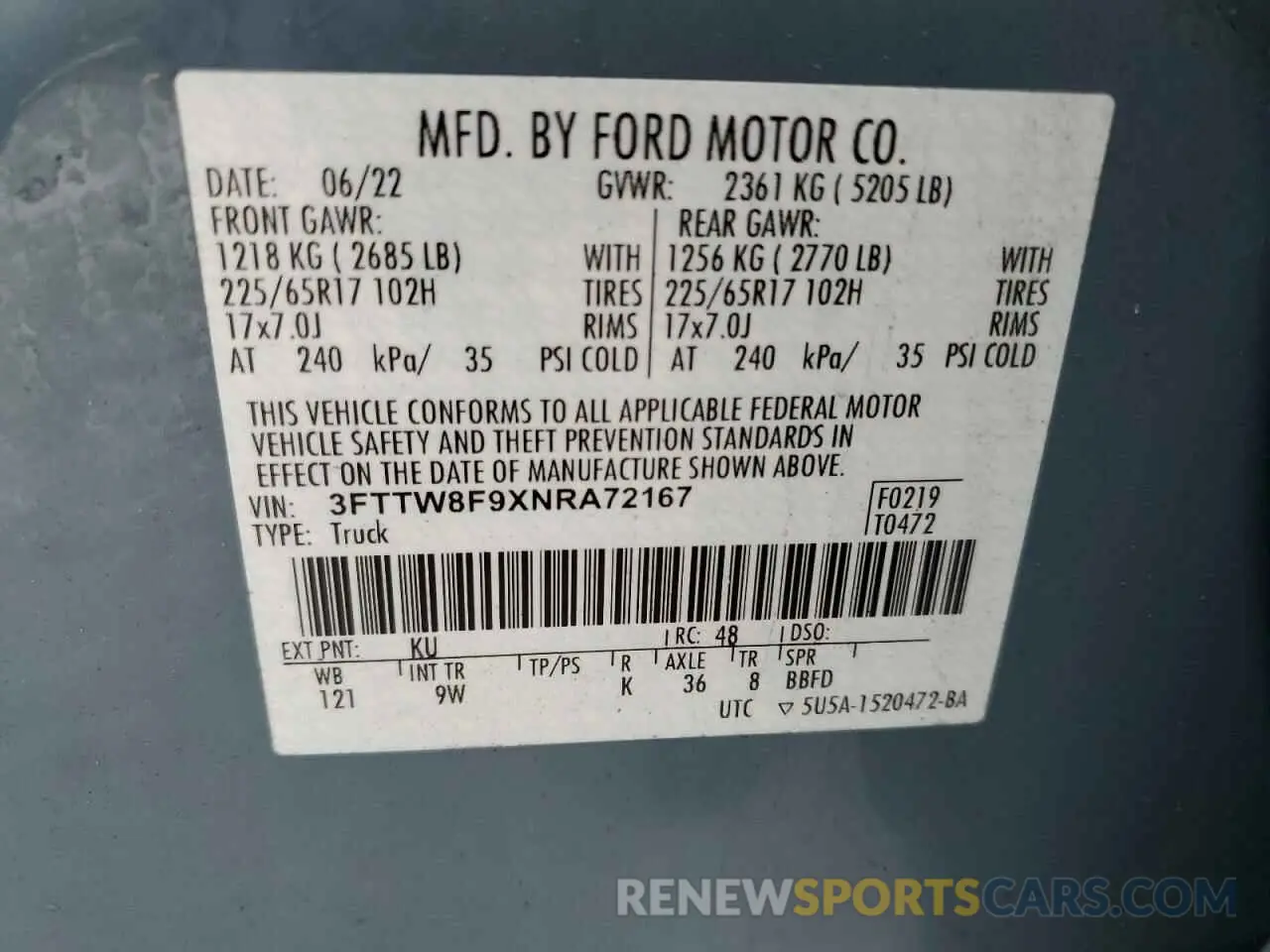 13 fotografías del automóvil dañado 3FTTW8F9XNRA72167 FORD MAVERICK 2022
