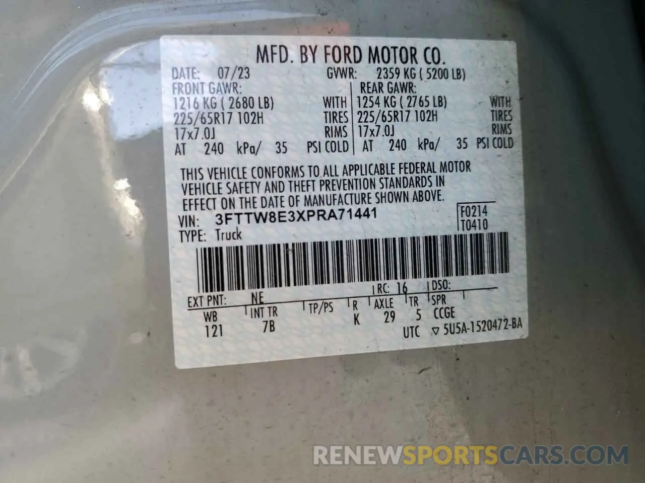 14 fotografías del automóvil dañado 3FTTW8E3XPRA71441 FORD MAVERICK 2023