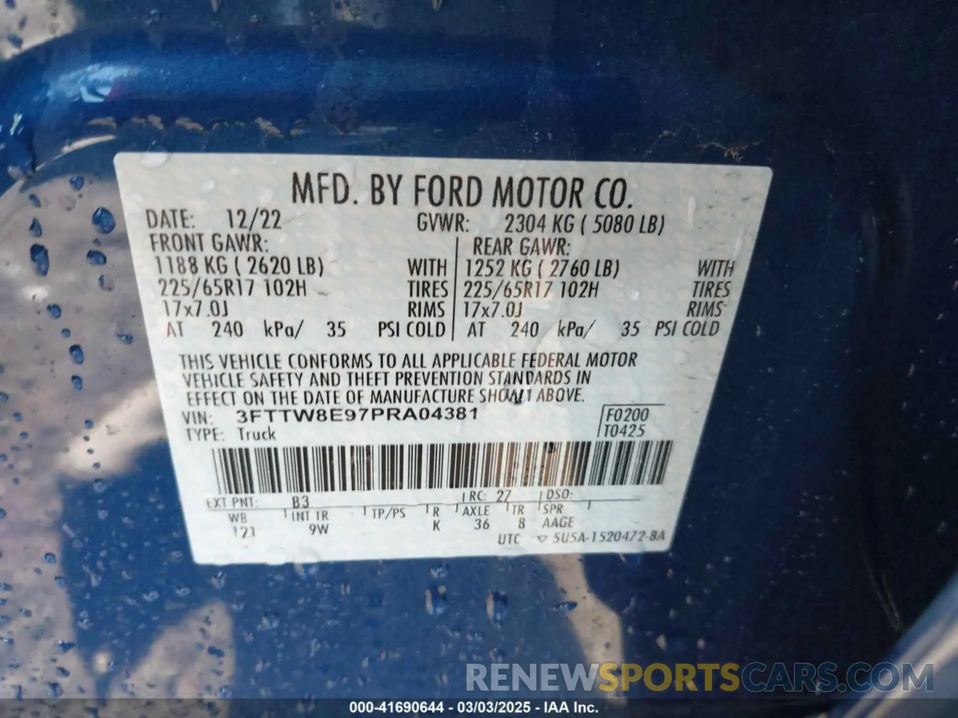 9 fotografías del automóvil dañado 3FTTW8E97PRA04381 FORD MAVERICK 2023