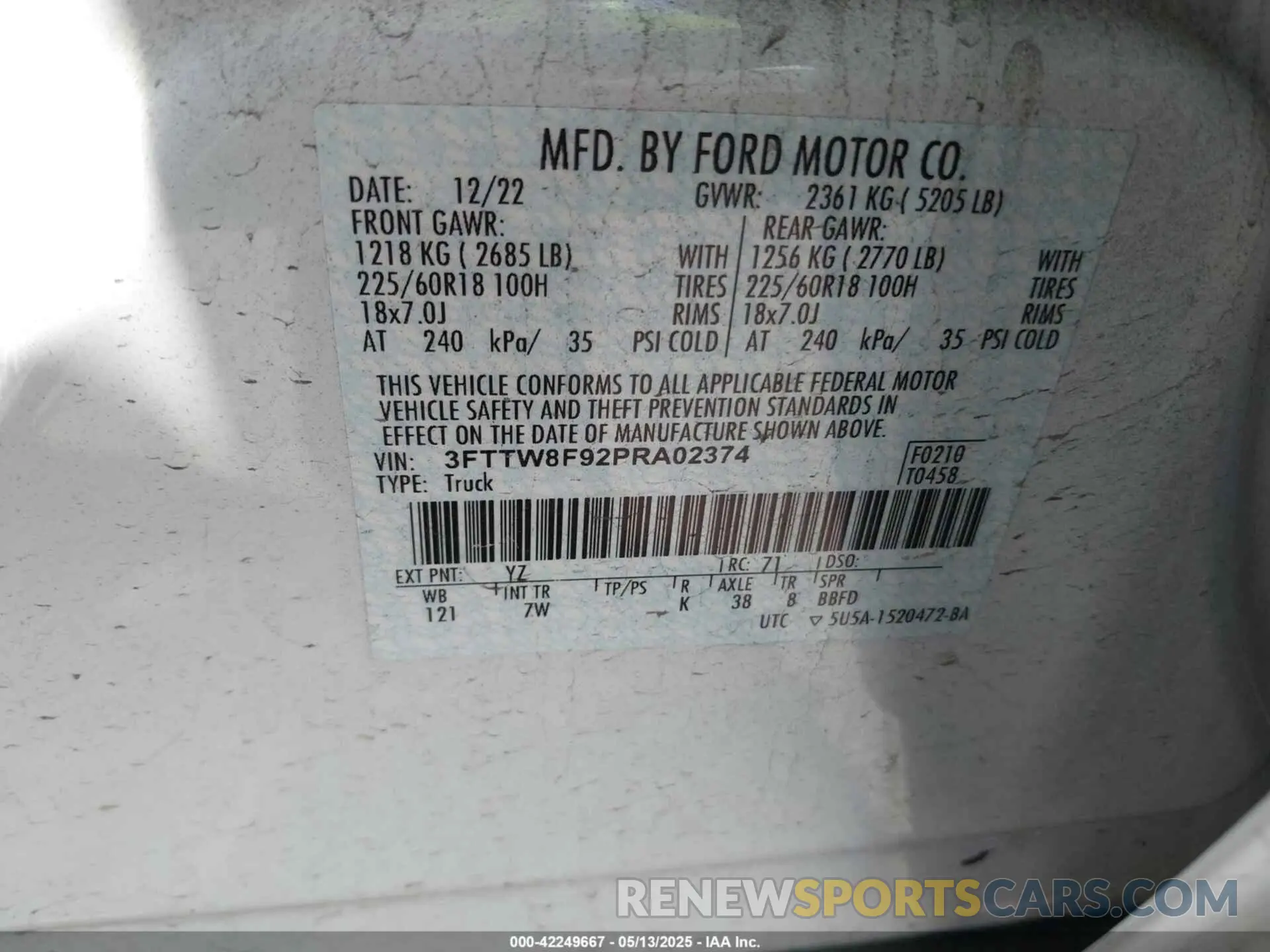 9 fotografías del automóvil dañado 3FTTW8F92PRA02374 FORD MAVERICK 2023