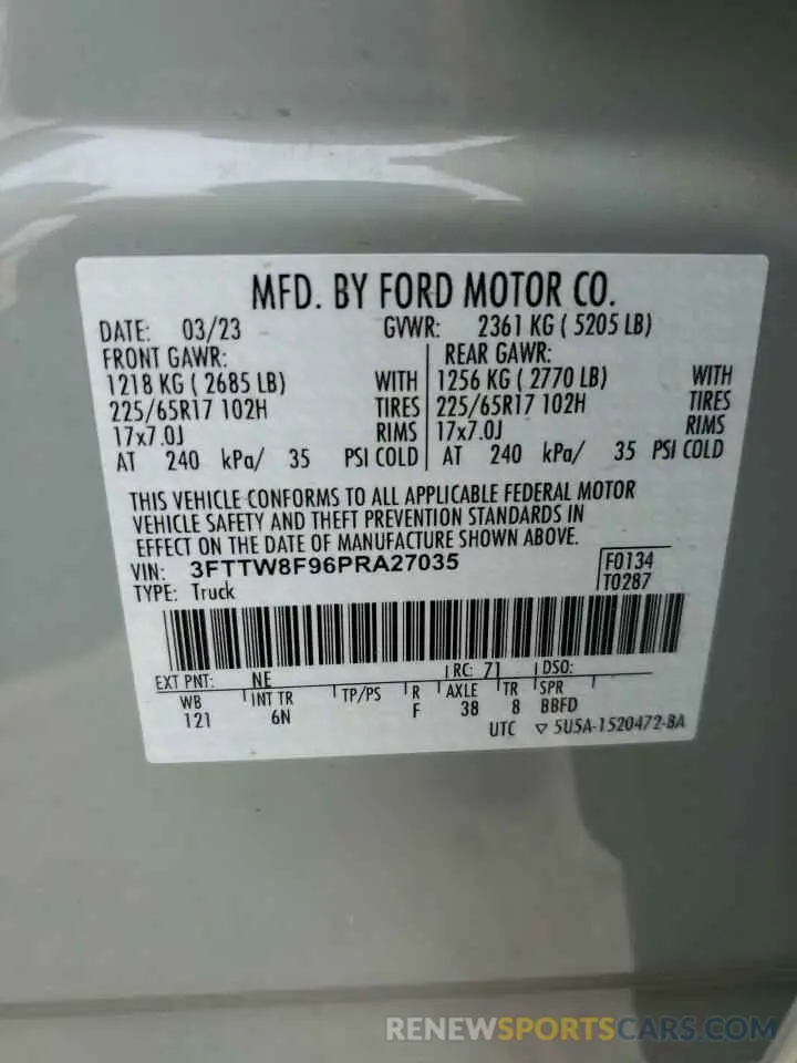 12 fotografías del automóvil dañado 3FTTW8F96PRA27035 FORD MAVERICK 2023